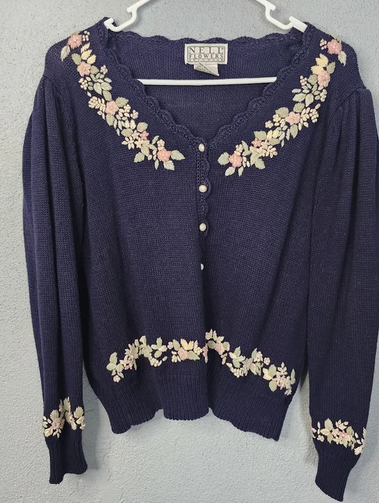 Nell Flowers Navy Floral Embroidered Button-Front Sweater - Picture 1 of 6